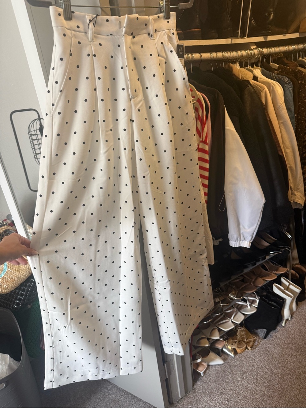 White Wide-Leg Polka Dot Trousers